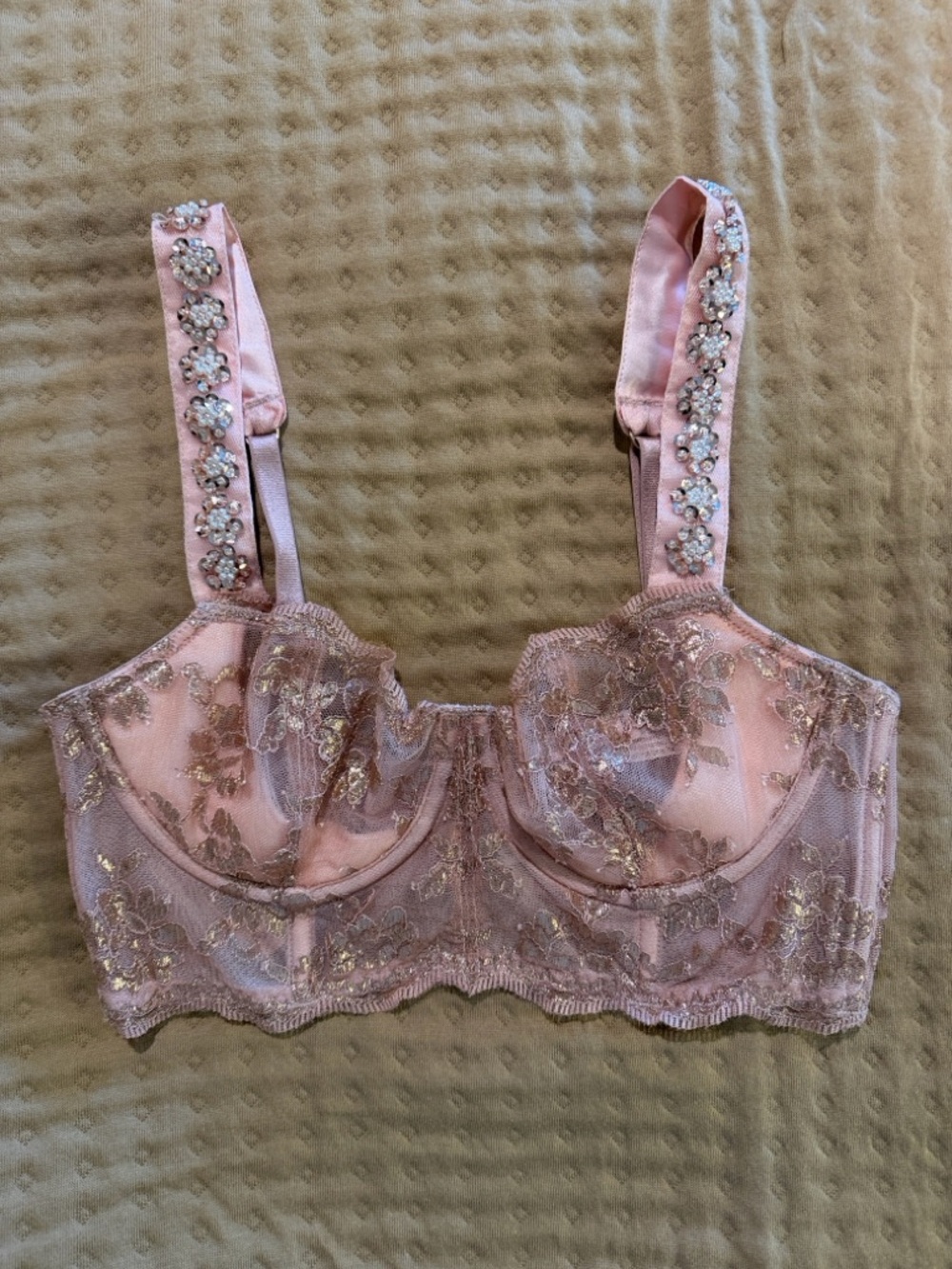 Victoria's Secret Pink Lace Longline Bra with Gold Accents